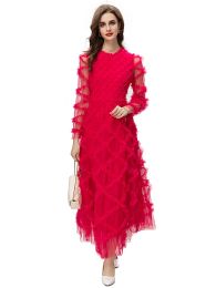 Runway Spring Autumn New High Quality Fashion Party Red Mesh Female Slim Luxury Sweet Girls Casual Pretty Sunscreen Long Dress