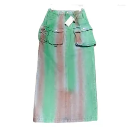 Skirts 2024 Summer Fashion Tie Dyed High Waist Safari Style Denim For Women Pockets A-line Skirt Y607