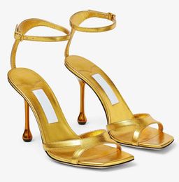 Top Italy Brand Women Ixia High Heel Sandals Shoes Drop Heeled Square Toe Patent Leather Lady Gladiator Heels Sandalias Woman Elegant Walking Shoe EU35-43 With Box
