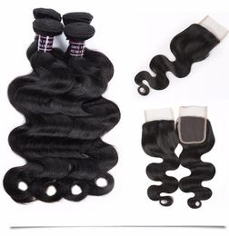 Water Wave Human Hair Bundles 3 PCS With Lace Closure Mink Brazilian Straight Jet Natural Black Color Weaves Deep for Women Girls 3530967