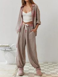 Women's Sleepwear Women 2 Piece Pyjama Set Plaid Long Sleeve Button Closure Shirt With Elastic Waist Pants Casual Loungewear Home Suit