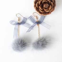 Stud Earrings Fashion Cute Sweet Bow Ball Long Hairball Wedding Party Plush Gift For Women 4 Colours