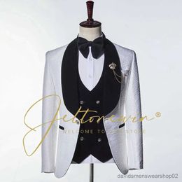 Men's Suits Blazers Wedding Suits For Men 2022 New Design Formal Tuxedo White Floral Coat Black Vest Pant Groom Party Suit 3 Pieces Costume Homme