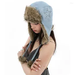 Berets Warm Caps Winter Fur Y2k Trendy Ski Bomber Hat For Women Personalised Rivet Star Pattern Contrast Outdoor Hats