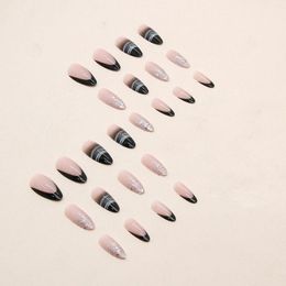 False Nails Black Gradient Almond Fake Minimalist White Lines Printed Sweet & Charming Reusable For Shopping Travelling