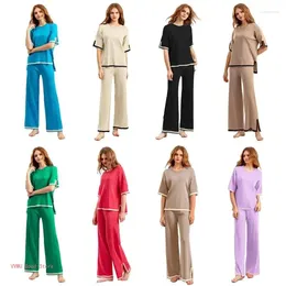 Women's Two Piece Pants 2 Outfits Sets For Womens Loungewear Short Sleeve Knitted Pullover Tops And Wide Leg Set Sweatsuit