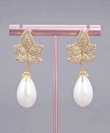 GuaiGuai Jewellery White Sea Shell Pearl Gold Colour Plated Cz Micro Pave Drop Earrings For Women Real Gems Stone Lady Fashion Jewell7938327