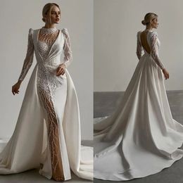 Pérolas sereia lindo vestido de casamento lantejoulas alta pescoço vestidos de noiva com overskirts feitos sob encomenda vestidos de noiva novia es