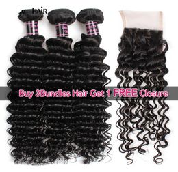Brazilian Hair Extensions Indian Human Hair Bundles with Closure Curly Body Buy 3Bundles Get A Closure Straight Loose Wave Wa6469167
