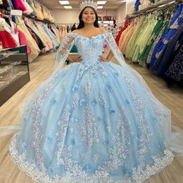 Mexico Sky Blue Off The Shoulder Ball Gown Quinceanera Dress For Girl Applique Beaded 3DFlowers Birthday Party Gowns Prom Dresses Sweet 16