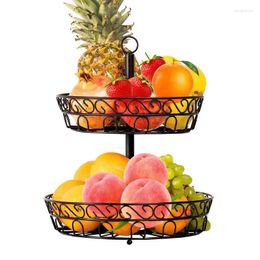 Kitchen Storage Black Fruit Bowl Removable Metal 360 Degree Rotatable Two Tier Basket Reusable Vegetable For Dining Room