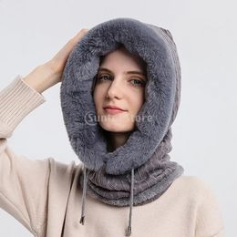 Winter Women 3in1 Knitted Ski Hat With Scarf Neck Warmer Fleece Lined Hood Face Mask Adult Balaclava For Outdoor Sports y240123