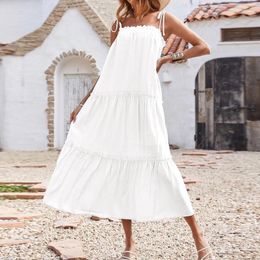 Casual Dresses 2024 Summer Women Adjustable Spaghetti Strap Sleeveless Loose Tiered Ruffle Cami Beach Long Maxi Dress