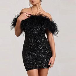 Casual Dresses Lady Sequin Sleeveless Backless Bodycon Mini Dress 2024 Women Glitter Party Elegant Feather Stitching Off Shoulder