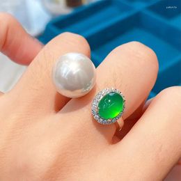 Cluster Rings Trendy Elegant Lab White Emerald Freshwater Pearl Resizable For Female S925 Silver Delicate Anniversary Bride Fine Jewelry