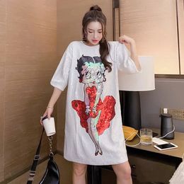 Womens Sweet Cartoon Sequins Oversized Tshirt Tees ShortSleeved Korean Loose Girlfriends Summer Dress Midlength Tshirts Tops 240129