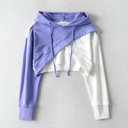 Women's Hoodies 2024 Women Street Style Irregular Stitching Purple Hooded Pullover Woman Fall Contrast Color Cropped Top Female Korean Tops