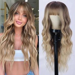 Wig golden long curly hair straight bangs wig synthetic fiber full head set wigair