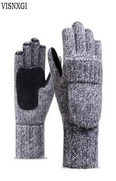 VISNXGI Work Thick Male Fingerless Gloves Men Women Wool Winter Warm Exposed Finger Mittens Knitted Warm Flip Half Finger Gloves C6168002