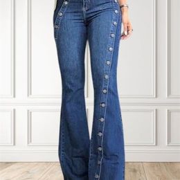 Women Fashion Plain Button Decor Flare Leg Long Denim Pants Flare Jeans Ladies High Waist Skinny bottom Wide Leg Jeans 240124