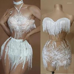 Stage Wear Sexy Perspective Evening Dresses Women Pearls Sequins Fringed Dress Pole Dance Outfit Gogo Costume XS7482