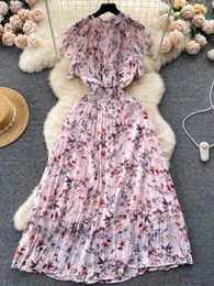 Casual Dresses Chiffon Floral Dress Women Summer Elegant Printed Pleated 2024 Korean Style Sleeveless Beach Long