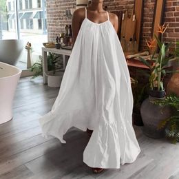 Womens Bohemian dress casual solid sleeveless dress pocket loose backless large hem dress summer dress 2024 Vestidos 240219