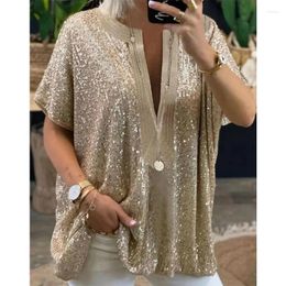 Women's Blouses 2024 Elegant Loose Sequined V-neck Short Sleeve Casual Sequin Deep V Shirt