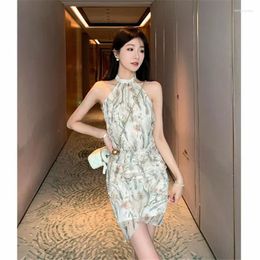 Casual Dresses French Summer Holiday Flower Print Mini Dress Sexy Halter Sleeveless Slim Waist Bodycon Fairy Po Irregular Pencil Skirt