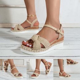 Sandals Casual Side Hollow Belt Buckle Flat Bottom Roman Shoes Women'S Summer Wedge For Women Chunky Heel