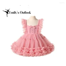 Stage Wear Girls Ballet Tutu Skirt Fluffy Princess Dress Up Clothes Short Ruffle Sleeve Show Outfit Bowknot Front Carnival