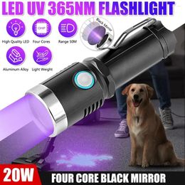 Flashlights Torches 20W 365nm UV Flashlight Type-C Rechargeable Ultraviolet Blacklight Pet Urine Detector For Resin Curing Dry Stain