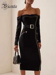 Casual Dresses VC 2024 Autumn Winter Black Bandage Dress For Women Front Zipper Design Off Shoulder Long Sleeves Midi Celebrity Party