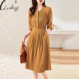 Casual Dresses Elegant Women Round Neck Pleated Dress Korean Style Long Sleeve Vestidos Office Lady Solid Colours Midi Shirt Loose