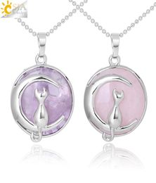 CSJA New Arrival Women Necklace Cat on Moon Natural Gemtone Rose Quartz Crystal Suspension Pendants Hardshell Kitten Charms Jewell2790938