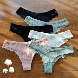 Women's Panties 3 Pcs/Set Simple Lace Cotton Thong Women Sexy G-Strings Stripe Underwear Ladies Underpants Briefs Set