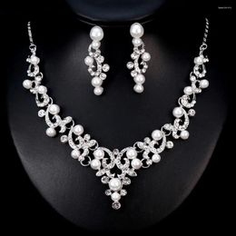 Necklace Earrings Set Fashion Wedding Alloy Rhinestone Faux Pearl Women Bride Jewelry