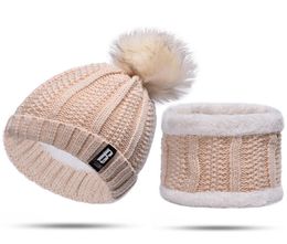 Women Knitting Hat Wool Pure Color Scarf Set Matching Hats Winter Warm Cap Casual Pompom Bobble Beanie6924244