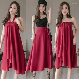 Skirts One-Piece Chiffon Self-Tie Dress Women's Summer High Waist A- Line Skirt Halter Strapless Woman Faldas Jupe