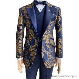 Men's Suits Blazers Floral Jacquard Tuxedo Suits for Men Wedding Slim Fit Navy Blue and Gold Gentleman Jacket with Vest Pant 3 Piece Male Costume