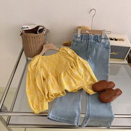 Clothing Sets Kids Baby Spring Fashion Floral Print Yellow T-shirt High Waist Flare Jeans Girls Cute Clothign 2pcs Children Outfit