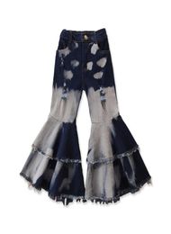 Baby Girls Flare Pants Double Ruffle Tassel Denim Pants Kids Casual Clothes Girls Elastic Waist Pocket Trousers Boot Cut Jeans 0607026657