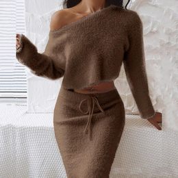 Work Dresses Off Shoulder Sweater Top&Tie-up Wrap Skirt Two Piece Suit Casual Women Slim Outfit Luxury Plush Knit Solid Skirts Set