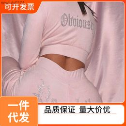 2023 Autumn/Winter Casual Wear Womens Sports Two Piece Set Gold Velvet Sexy Hot Diamond Sweater