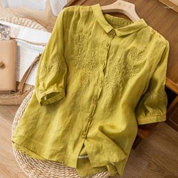 Women's Blouses 2024 Summer Arts Style Women Short Sleeve Turn-down Collar Loose Shirts Vintage Embroidery Cotton Linen Blouse Tops J244