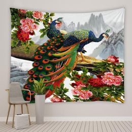 Tapestries Beautiful Birds Tapestry Peacock Peony Flower Plant Butterfly Polyester Fabric Living Room Bedroom Dormitory Bedside De265V