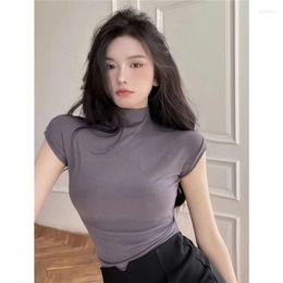 Women's T Shirts Half-high Collar Short Sleeve T-shirt Women 2024 Summer Autumn Elastic Slim Fit Slimming Inner Wear Top Thread Bottoming