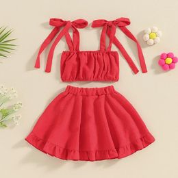 Clothing Sets Summer Infant Baby Girl 2Pcs Clothes Set Outfit Embroidery Tie-Up Shoulder Straps Tank Top Elastic Waist Skirts Casual