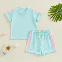 Clothing Sets EWODOS Kids Summer Outfit Contrast Color Short Sleeve Crew Neck T-shirt With Elastic Waist Shorts Set For 1-5 Years