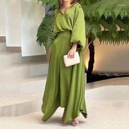 Work Dresses Casual Loose Solid Colour 2 Pcs Suit V-Neck Long Sleeve Top & Higt Waist Dress Suits Fashion Elegant Office Two Piece Sets